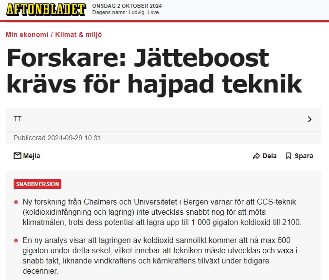 Aftonbladet om potentialen för CCS 240929